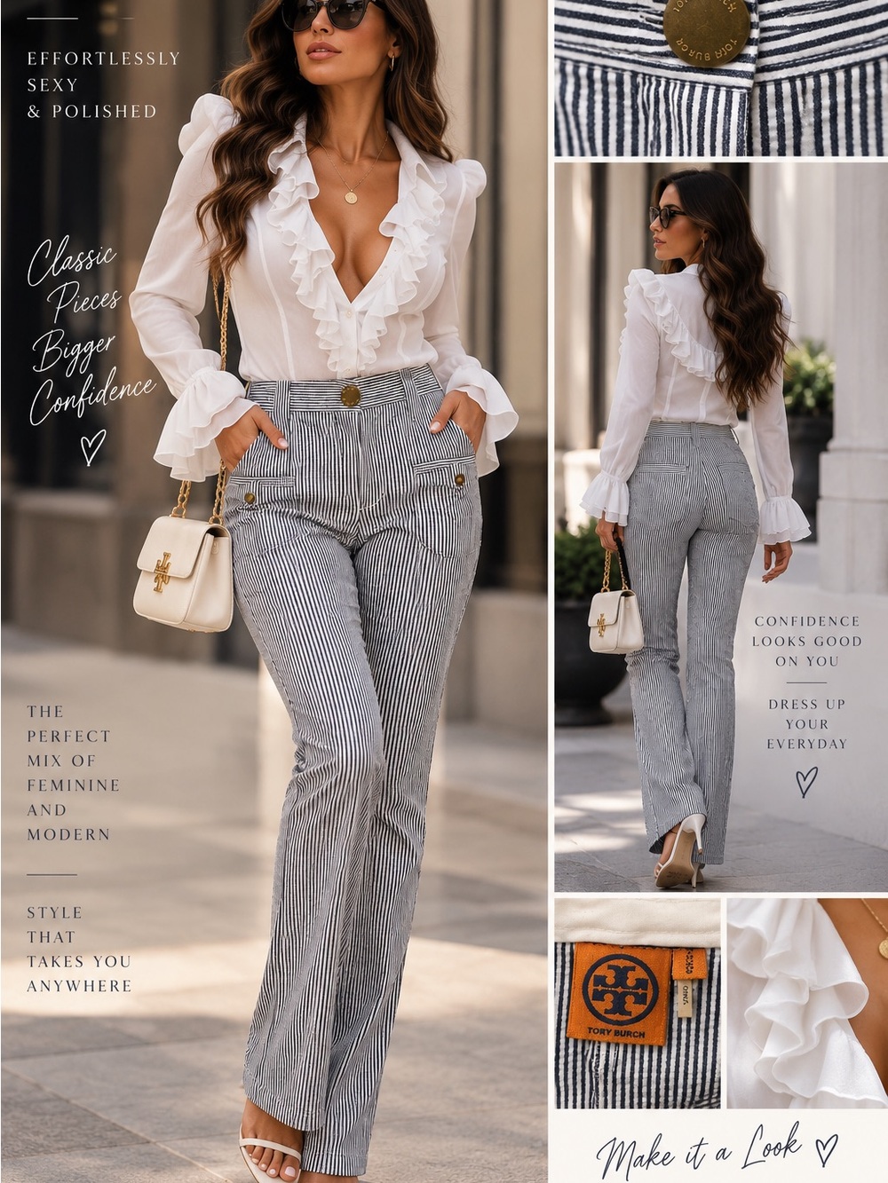 Tory Burch Black & White Pinstripe Boot-Cut Pants
